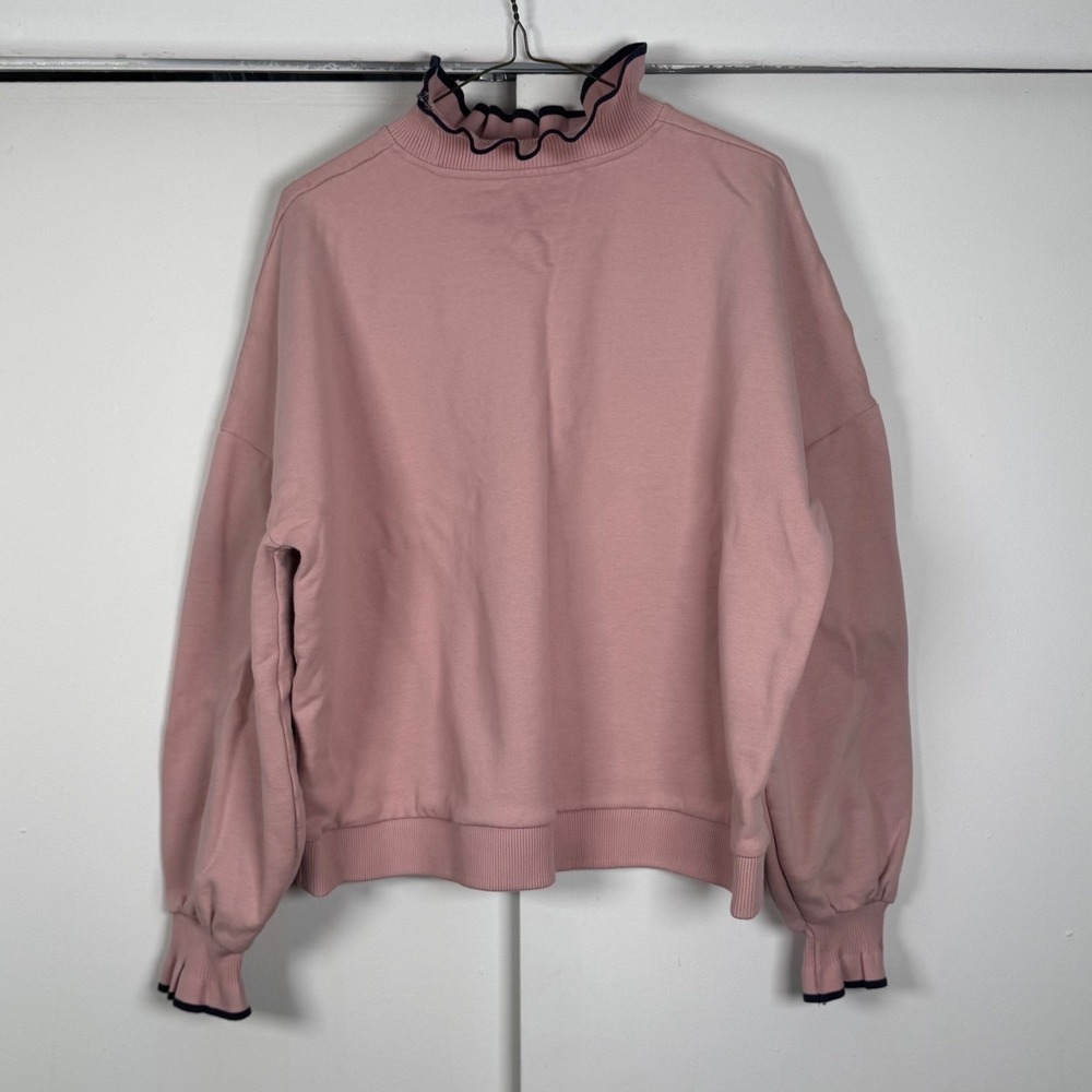 Boden Pink Ruffle Mock Neck Sweatshirt Navy Trim Pullover Womens US 14 UK‎ 18
